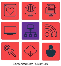 Set Of 9 Online Connection Icons. Can Be Used For Web, Mobile, UI And Infographic Design. Includes Elements Such As Local Connection, Followed Website, Virtual Save And More.