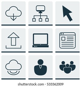 Set Of 9 Online Connection Icons. Can Be Used For Web, Mobile, UI And Infographic Design. Includes Elements Such As PC, Team, Account And More.