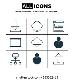 Set Of 9 Online Connection Icons. Can Be Used For Web, Mobile, UI And Infographic Design. Includes Elements Such As Virtual Save, Account, Virtual Storage And More.