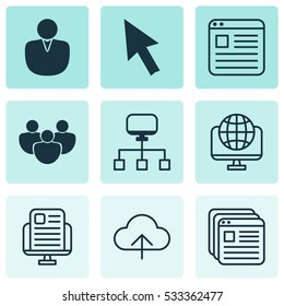 Set Of 9 Online Connection Icons. Can Be Used For Web, Mobile, UI And Infographic Design. Includes Elements Such As Mouse, Team, Information Site And More.