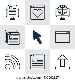 Set Of 9 Online Connection Icons. Can Be Used For Web, Mobile, UI And Infographic Design. Includes Elements Such As Website Bookmarks, Send Data, Mouse And More.