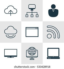 Set Of 9 Online Connection Icons. Can Be Used For Web, Mobile, UI And Infographic Design. Includes Elements Such As Program, Display, Wifi And More.