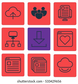 Set Of 9 Online Connection Icons. Can Be Used For Web, Mobile, UI And Infographic Design. Includes Elements Such As Website Bookmarks, Data Synchronize, Information Site And More.