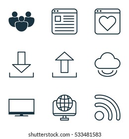 Set Of 9 Online Connection Icons. Can Be Used For Web, Mobile, UI And Infographic Design. Includes Elements Such As Website Page, Login, Wifi And More.
