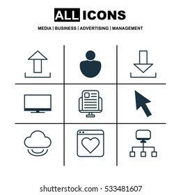 Set Of 9 Online Connection Icons. Can Be Used For Web, Mobile, UI And Infographic Design. Includes Elements Such As Display, Send Data, Login And More.