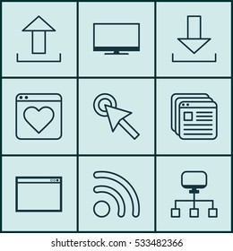 Set Of 9 Online Connection Icons. Can Be Used For Web, Mobile, UI And Infographic Design. Includes Elements Such As Send Data, Display, Program And More.