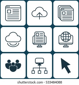 Set Of 9 Online Connection Icons. Can Be Used For Web, Mobile, UI And Infographic Design. Includes Elements Such As Local Connection, Computer Network, Team And More.