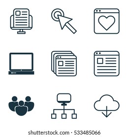 Set Of 9 Online Connection Icons. Can Be Used For Web, Mobile, UI And Infographic Design. Includes Elements Such As Local Connection, Followed Website, PC And More.