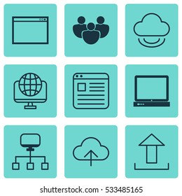 Set Of 9 Online Connection Icons. Can Be Used For Web, Mobile, UI And Infographic Design. Includes Elements Such As Send Data, Data Synchronize, Program And More.