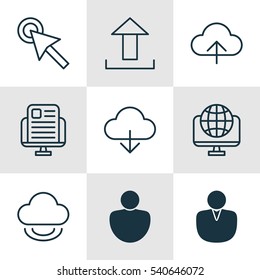 Set Of 9 Online Connection Icons. Includes Account, Send Data, Cursor Tap And Other Symbols. Beautiful Design Elements.
