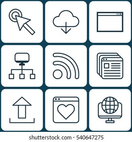 Set Of 9 Online Connection Icons. Includes Save Data, Followed Website, Send Data And Other Symbols. Beautiful Design Elements.