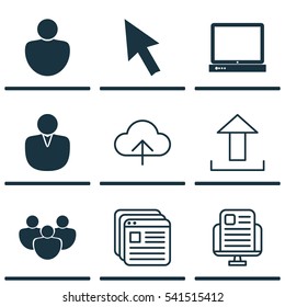 Set Of 9 Online Connection Icons. Includes Data Synchronize, Team, Website Bookmarks And Other Symbols. Beautiful Design Elements.