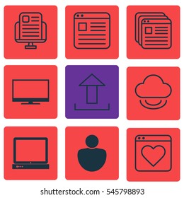 Set Of 9 Online Connection Icons. Includes PC, Send Data, Blog Page And Other Symbols. Beautiful Design Elements.