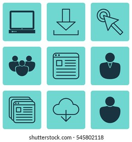 Set Of 9 Online Connection Icons. Includes Human, Account, Cursor Tap And Other Symbols. Beautiful Design Elements.