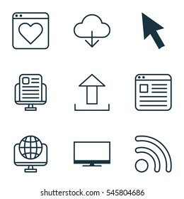 Set Of 9 Online Connection Icons. Includes Send Data, Blog Page, Computer Network And Other Symbols. Beautiful Design Elements.