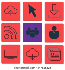 Set Of 9 Online Connection Icons. Includes Save Data, Display, Website Bookmarks And Other Symbols. Beautiful Design Elements.