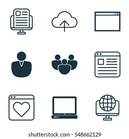 Set Of 9 Online Connection Icons. Includes Data Synchronize, Account, Team And Other Symbols. Beautiful Design Elements.