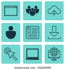 Set Of 9 Online Connection Icons. Includes Data Synchronize, PC, Human And Other Symbols. Beautiful Design Elements.