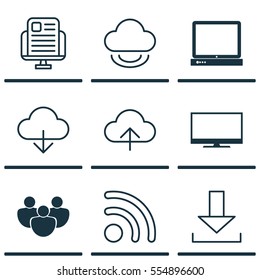 Set Of 9 Online Connection Icons. Includes Virtual Storage, Login, PC And Other Symbols. Beautiful Design Elements.