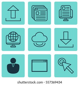 Set Of 9 Online Connection Icons. Includes Program, Cursor Tap, Send Data And Other Symbols. Beautiful Design Elements.