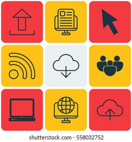 Set Of 9 Online Connection Icons. Includes Mouse, Data Synchronize, Send Data And Other Symbols. Beautiful Design Elements.
