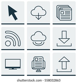 Set Of 9 Online Connection Icons. Includes Wifi, Send Data, Mouse And Other Symbols. Beautiful Design Elements.