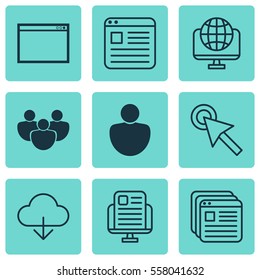 Set Of 9 Online Connection Icons. Includes Human, Blog Page, Website Bookmarks And Other Symbols. Beautiful Design Elements.