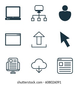 Set Of 9 Online Connection Icons. Includes Blog Page, Local Connection, Human And Other Symbols. Beautiful Design Elements.