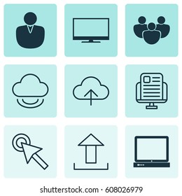 Set Of 9 Online Connection Icons. Includes Team, Send Data, PC And Other Symbols. Beautiful Design Elements.