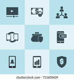 Set of 9 online filled icons such as connection, phone, money security, video player
