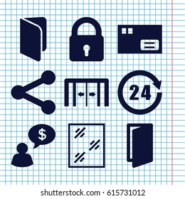 Set of 9 open filled icons such as sliding doors, lock, door, window, 24 hours, man thinking about money, book, parcel