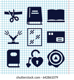 Set of 9 open filled icons such as book, window, arrow up, heart lock, watering system, scissors and ribbon