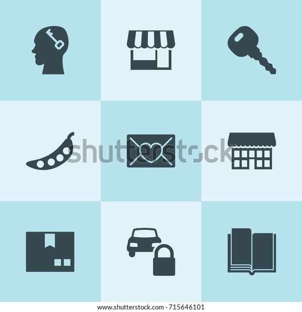 Set of 9 open\
filled icons such as pea, car key, car lock, package, book, love\
letter, key in head, store