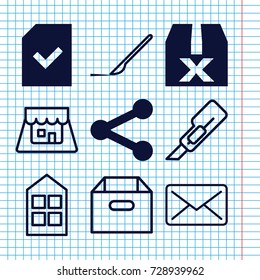 Set of 9 open filled and outline icons such as file, question box, window, cutter, scalpel, shop, box, share