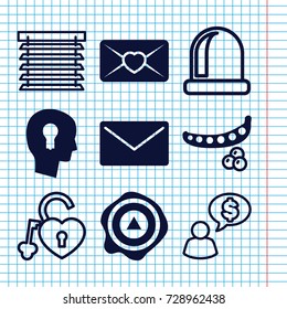 Set of 9 open filled and outline icons such as peas, arrow up, love letter, keyhole in head, heart lock, window shutter, man thinking about money, mail