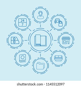 Set of 9 open outline icons such as car window lift, folder, book, car lock, 24 hours, store, store window, customer care