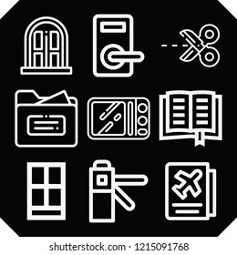 Set of 9 open outline icons such as folder, access, scissors, door, book, microwave, passport, door knob
