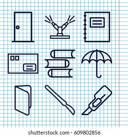 Set of 9 open outline icons such as door, book, cutter, scalpel, watering system, parcel, umbrella