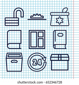 Set of 9 open outline icons such as book, make up bag, window, opened lock, box, camera wheel