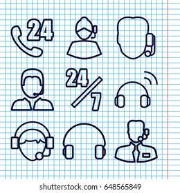 Set of 9 operator outline icons such as headset, operator, support, help support