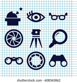 Set of 9 optical filled icons such as theodolite, binoculars, eye, camera shutter, search, observatory
