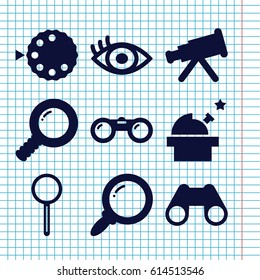 Set of 9 optical filled icons such as binoculars, magnifier, eye, camera mode, search, observatory