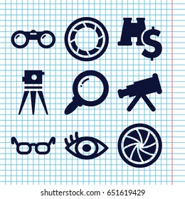 Set of 9 optical filled icons such as theodolite, eye, camera shutter, binoculars, search, binoculars with dollar sign, glasses