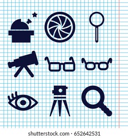 Set of 9 optical filled icons such as theodolite, magnifier, eye, glasses, search, camera shutter, observatory