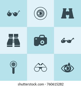 Set of 9 optical filled icons such as binoculars, sea search, eye drop, glasses, eye pupil, binoculars, sunglasses