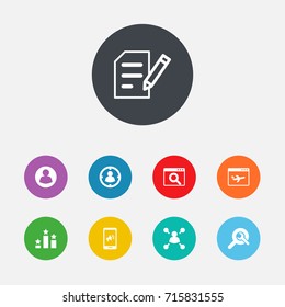 Set Of 9 Optimization Icons Set.Collection Of Author Rights, Magnifier, Airplane And Other Elements.