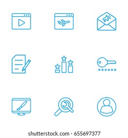 Set Of 9 Optimization Outline Icons Set.Collection Of Blogging, Advertising, Arrangement And Other Elements.