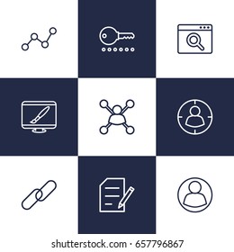 Set Of 9 Optimization Outline Icons Set.Collection Of Url, Scan, SEO Test And Other Elements.