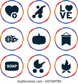 set of 9 orange filled icons such as pumpkin, baby stroller, soap, add favorite, love word, basketball, bonfire