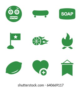 set of 9 orange filled icons such as lemon, soap, shocked emoji, add favorite, basketball, bonfire, flag